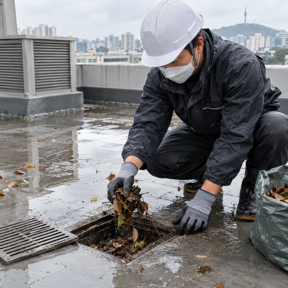 옥상 배수구 이물 제거 하수구 막힘 AI 예시